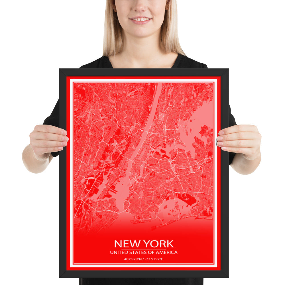 New York Red and White Framed Map