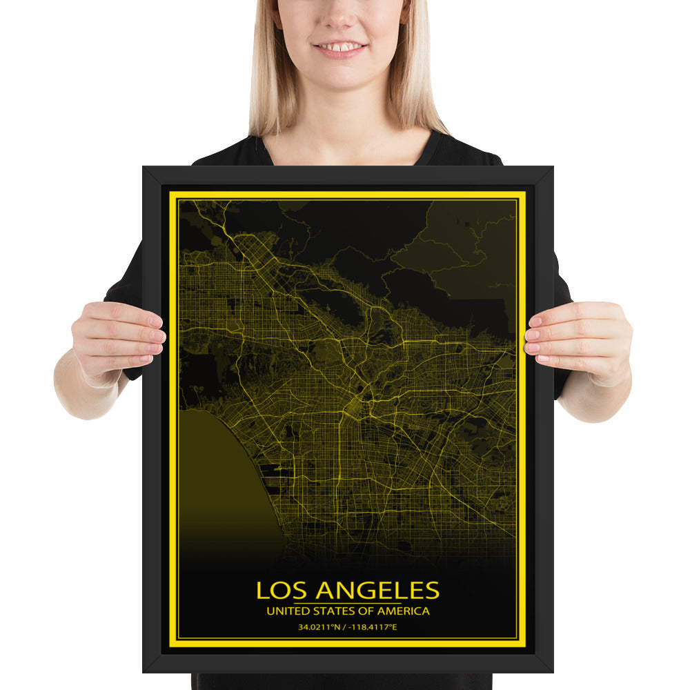 Los Angeles Black and Yellow Framed Map