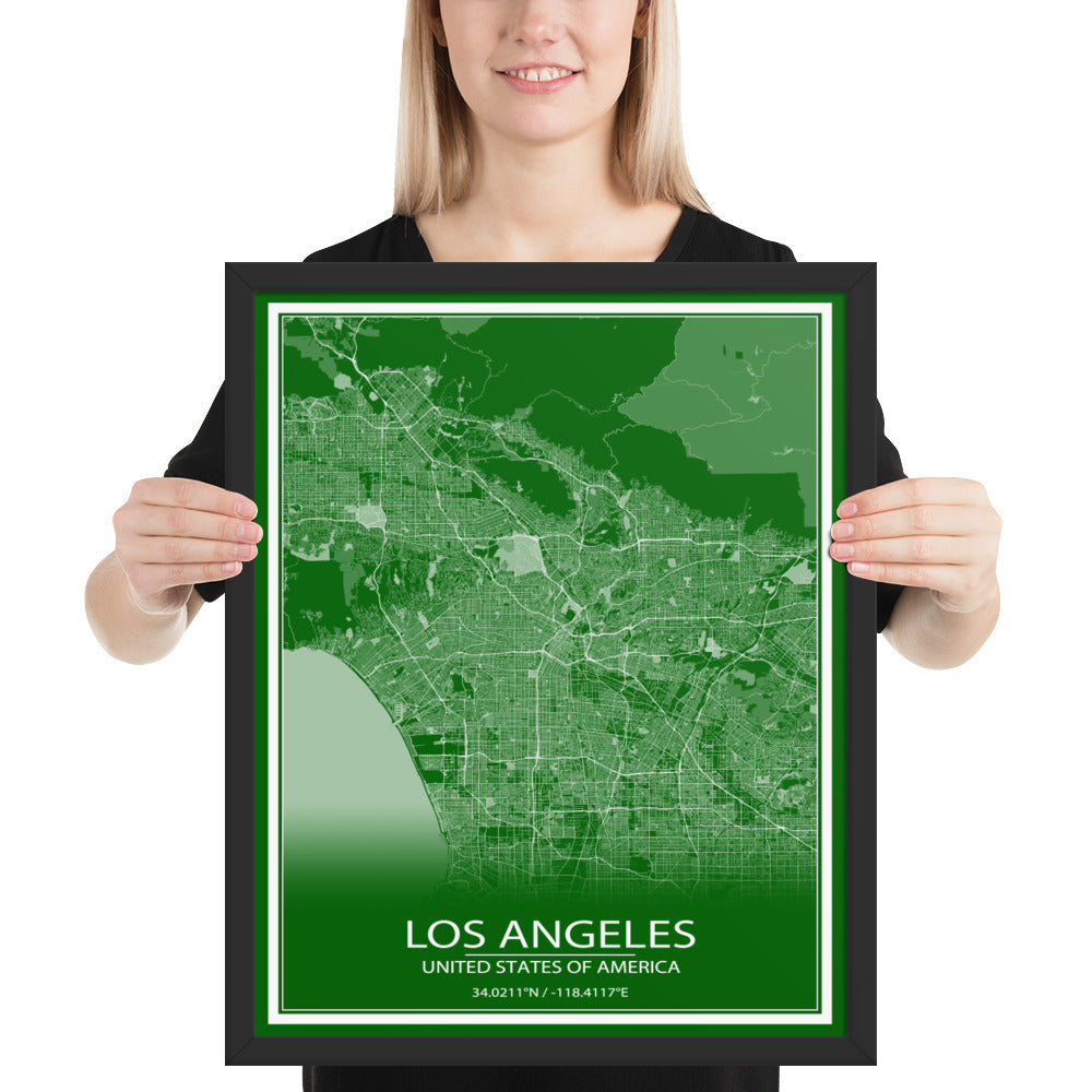 Los Angeles Green and White Framed Map