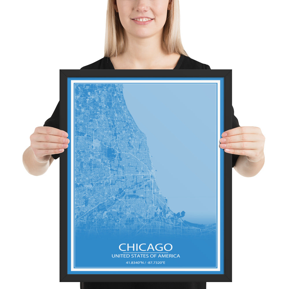 Chicago Blue and White Framed Map