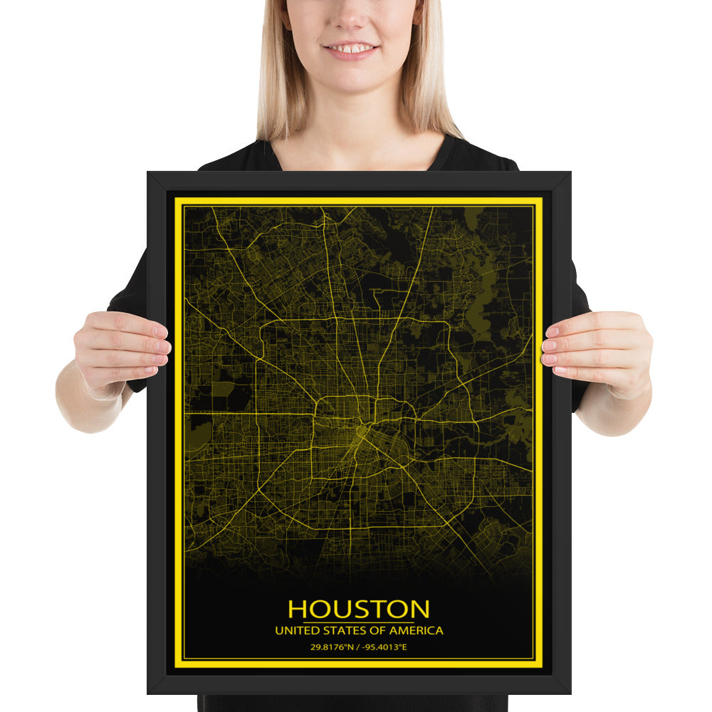 Houston Black and Yellow Framed Map