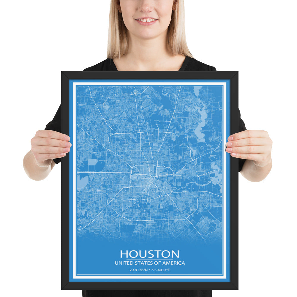 Houston Blue and White Framed Map