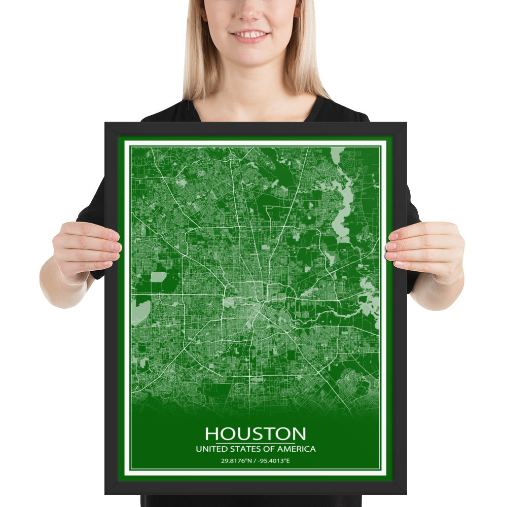 Houston Green and White Framed Map