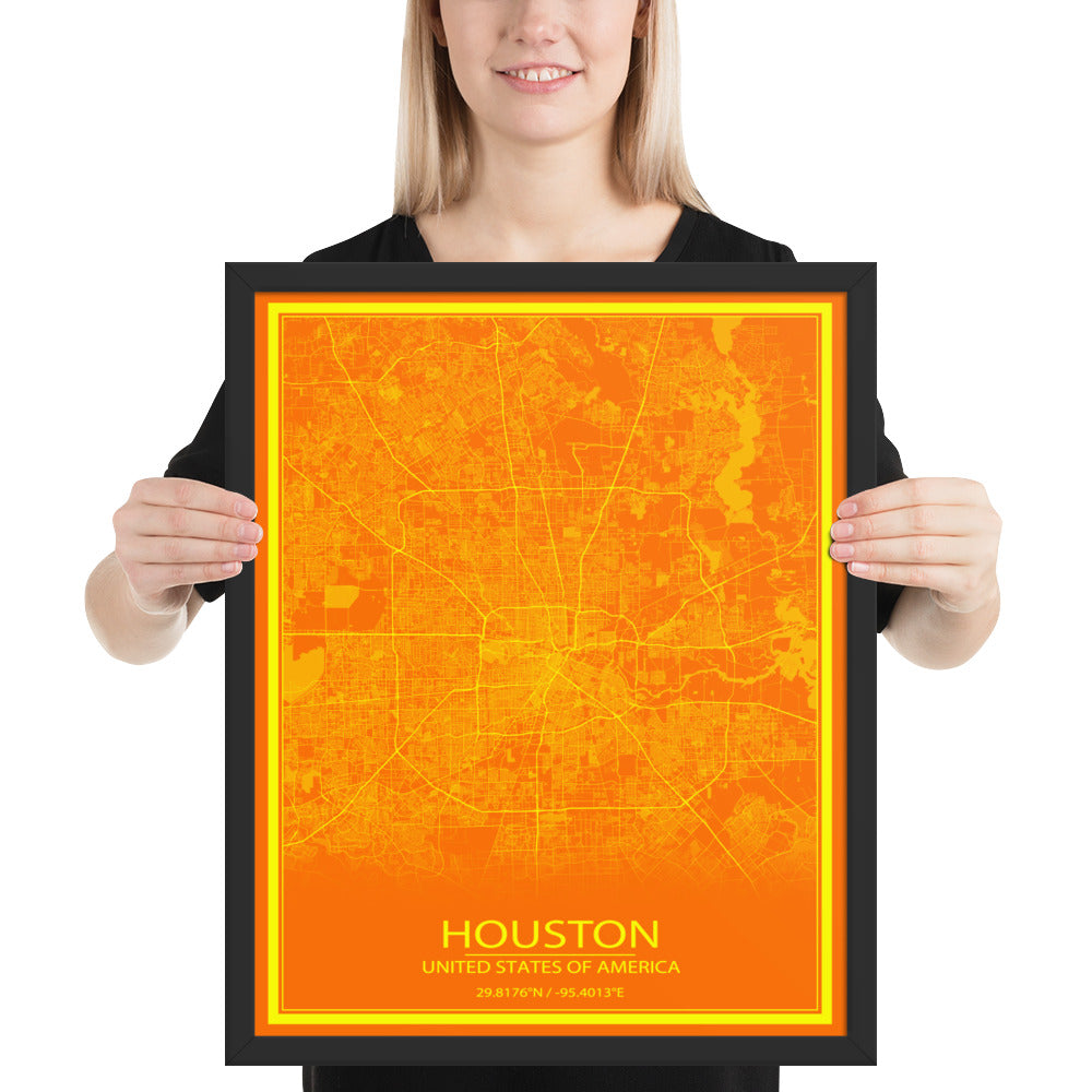 Houston Orange and Yellow Framed Map