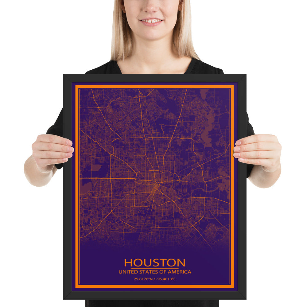 Houston Purple and Orange Framed Map