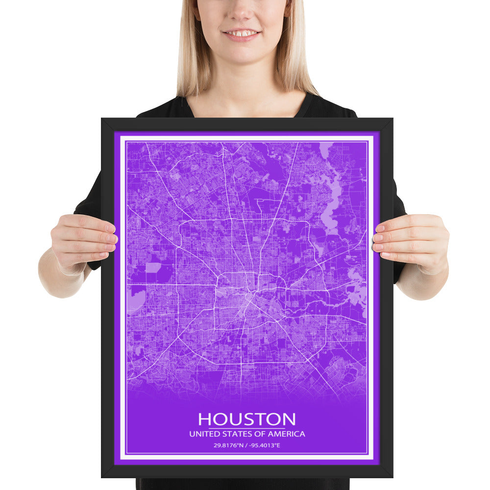 Houston Purple and White Framed Map