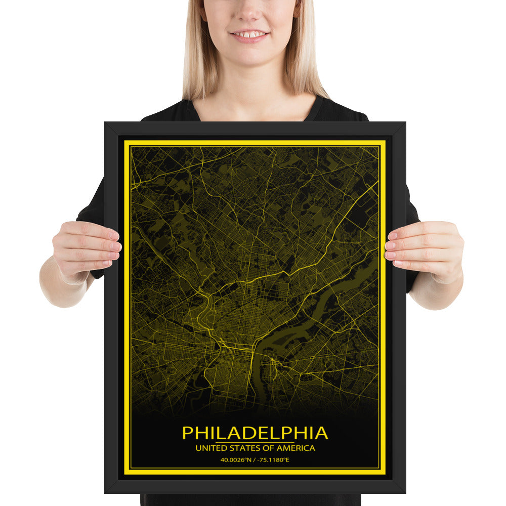 Philadelphia Black and Yellow Framed Map