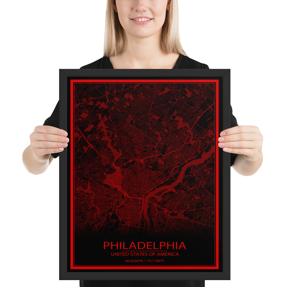 Philadelphia Black and Red Framed Map