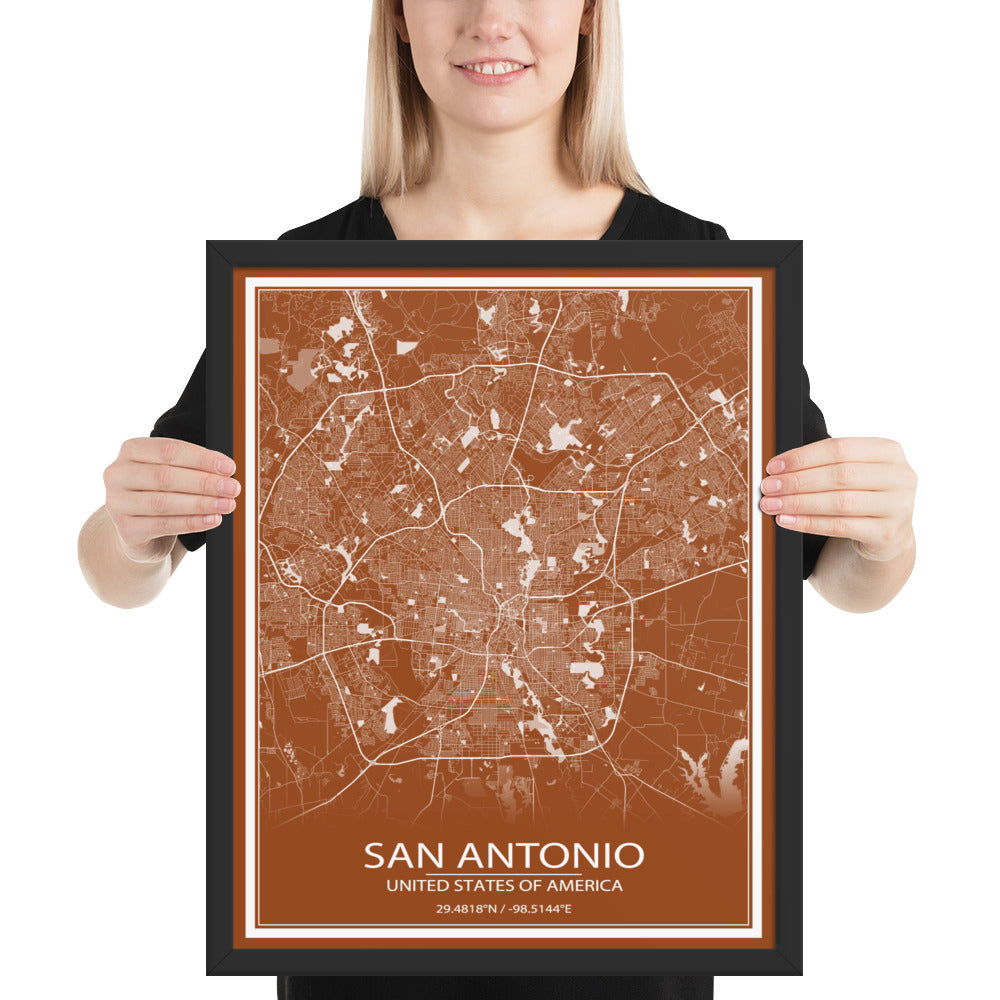 San Antonio Brown and White Framed Map