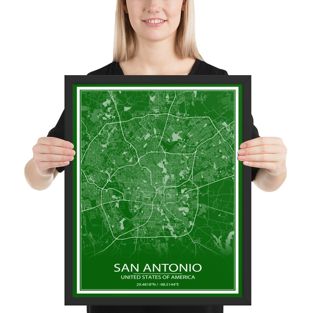 San Antonio Green and White Framed Map