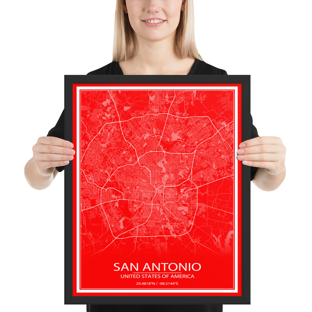 San Antonio Red and White Framed Map