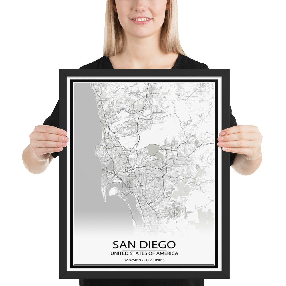 San Diego White Framed Map