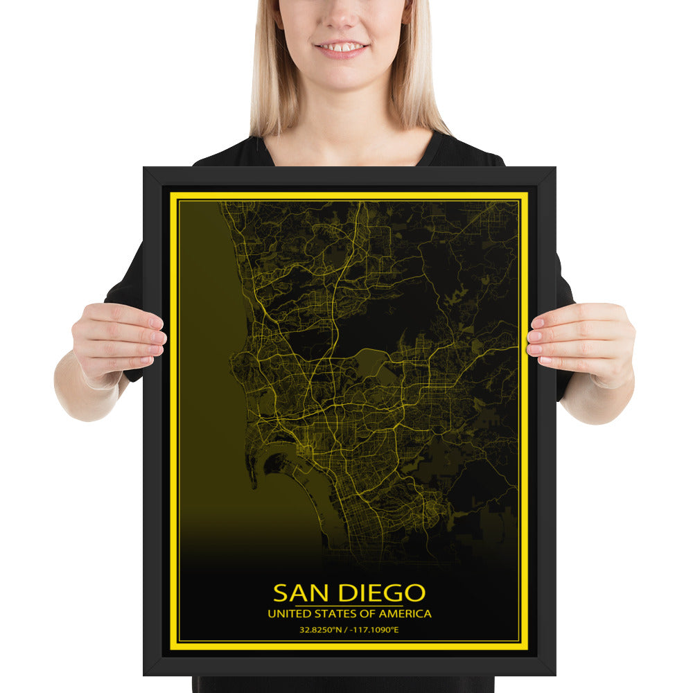 San Diego Black and Yellow Framed Map