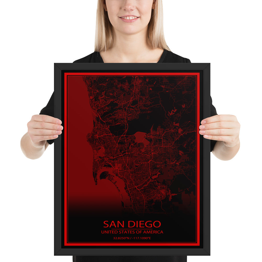 San Diego Black and Red Framed Map