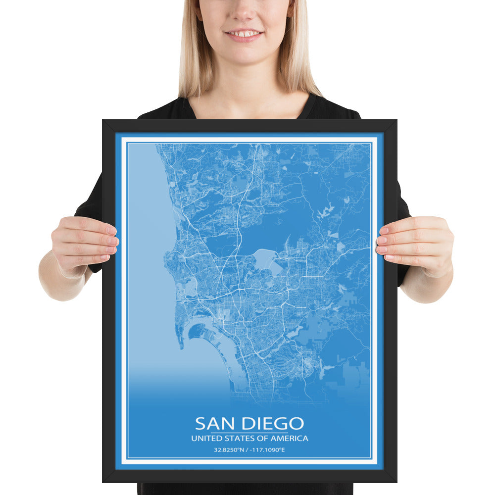 San Diego Blue and White Framed Map