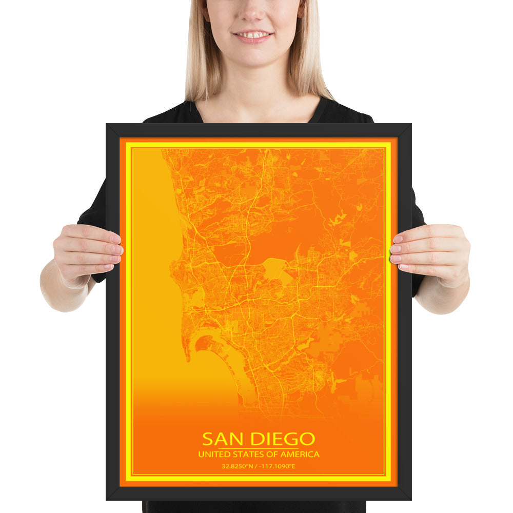 San Diego Orange and Yellow Framed Map