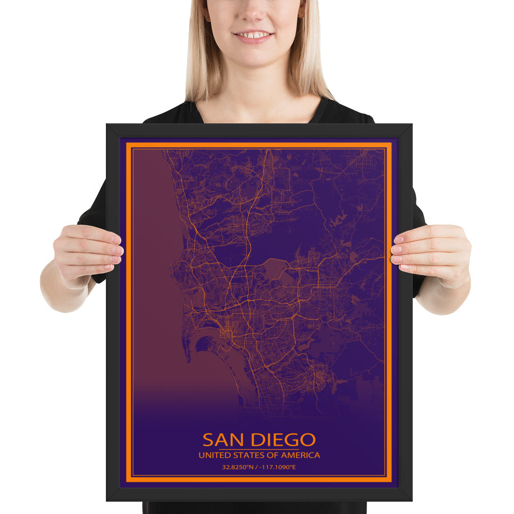 San Diego Purple and Orange Framed Map