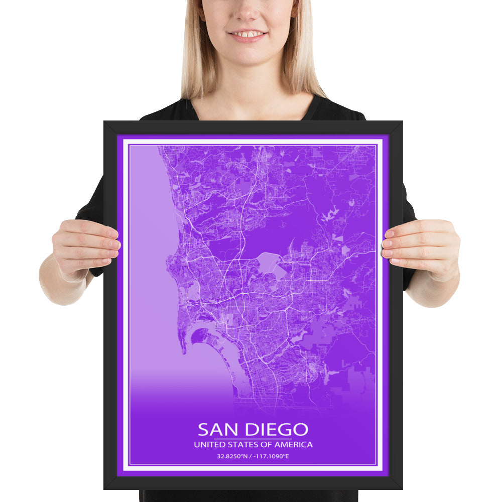 San Diego Purple and White Framed Map