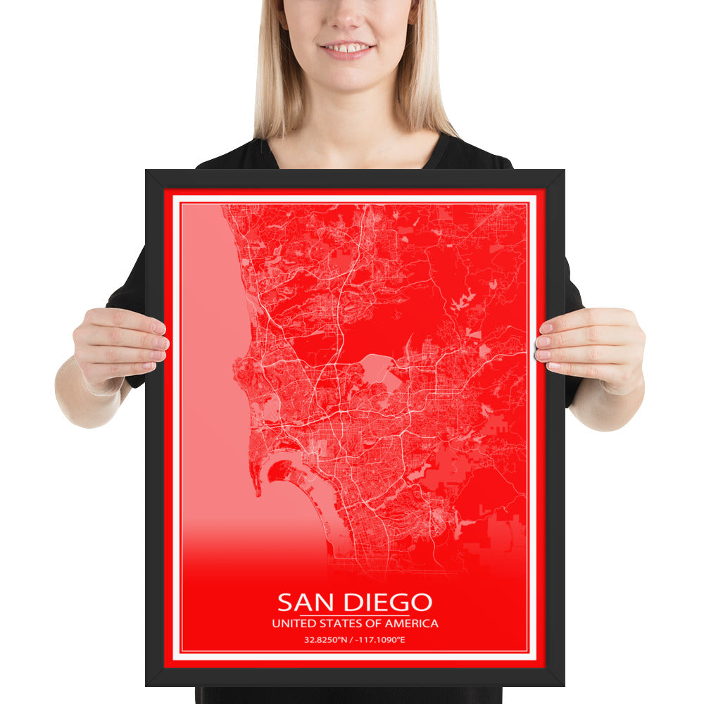 San Diego Red and White Framed Map