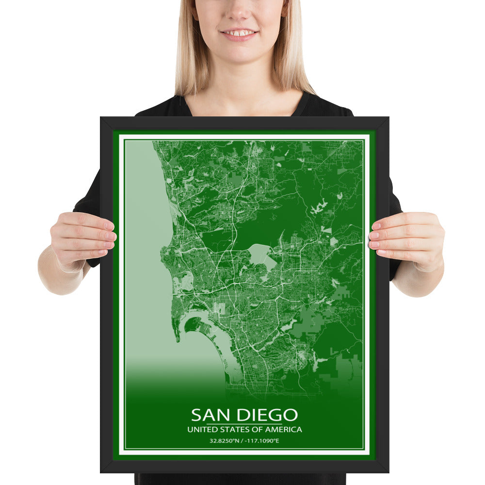 San Diego Green and White Framed Map