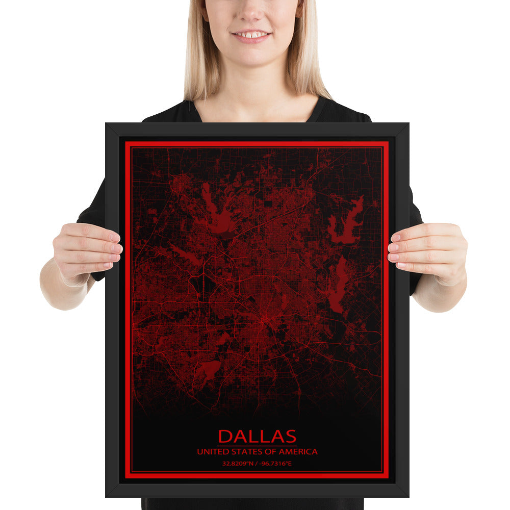 Dallas Black and Red Framed Map