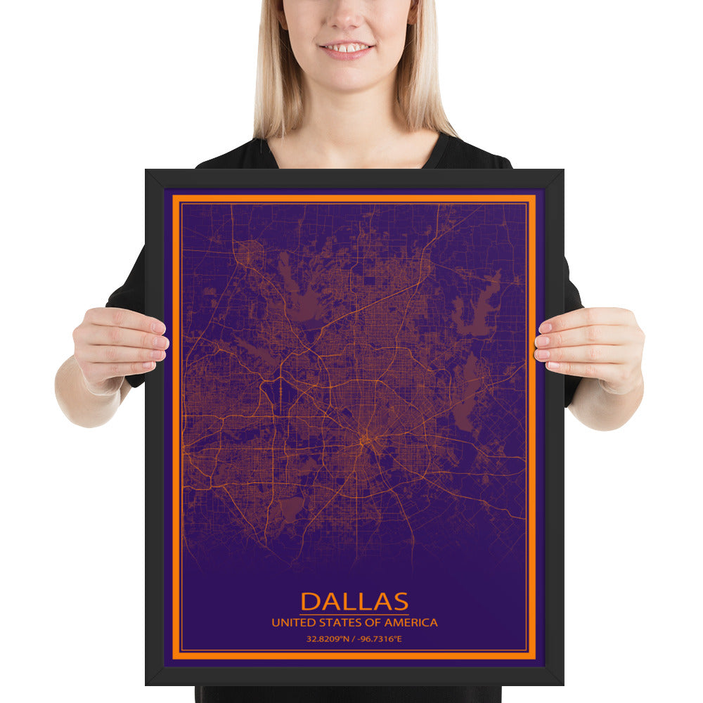 Dallas Purple and Orange Framed Map