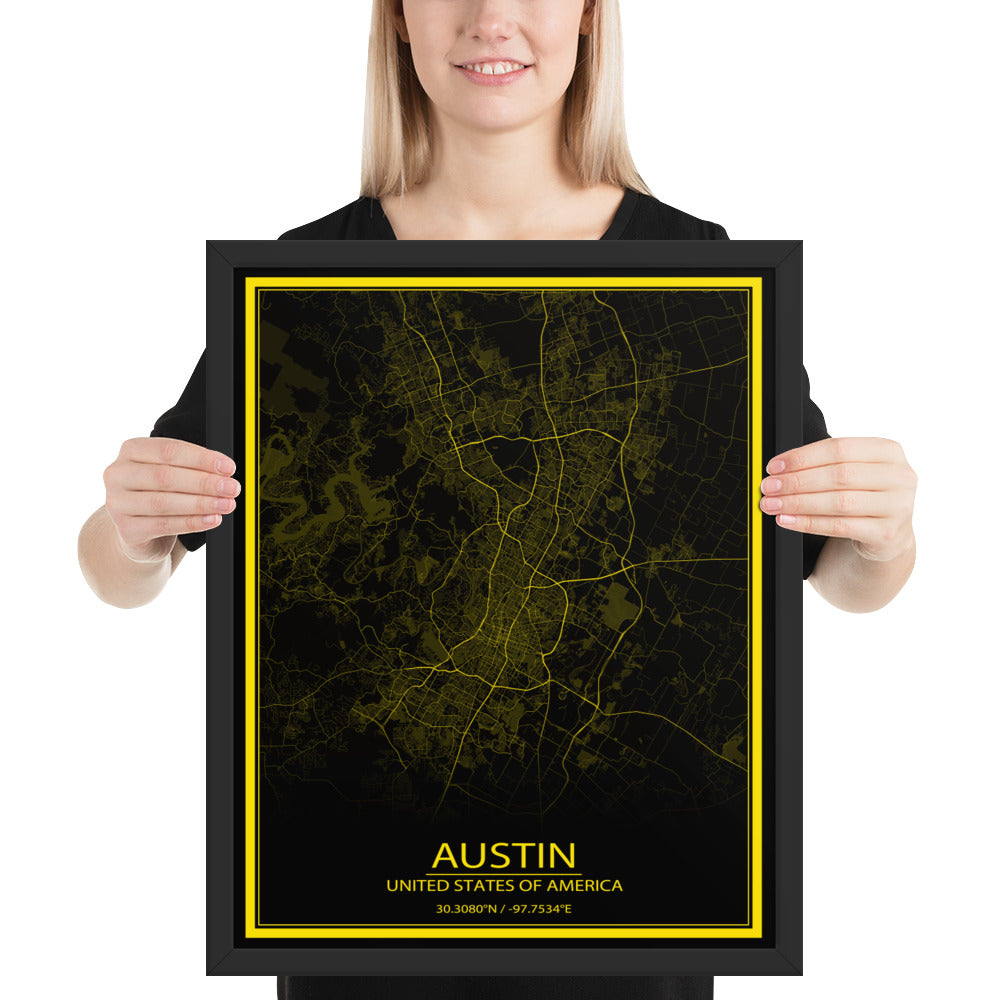 Austin Black and Yellow Framed Map