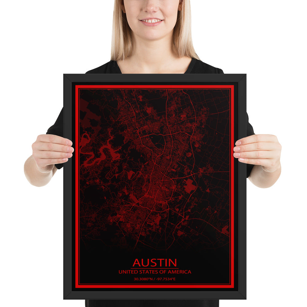 Austin Black and Red Framed Map