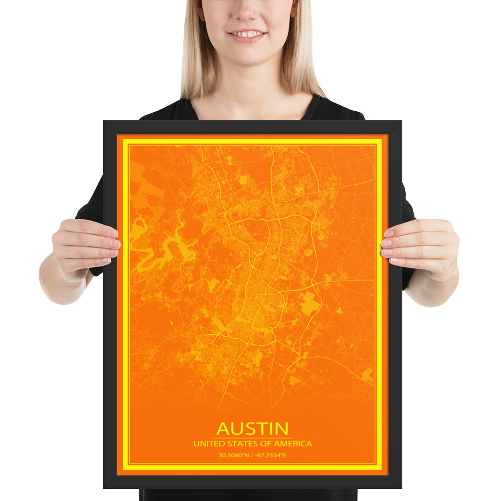 Austin Orange and Yellow Framed Map