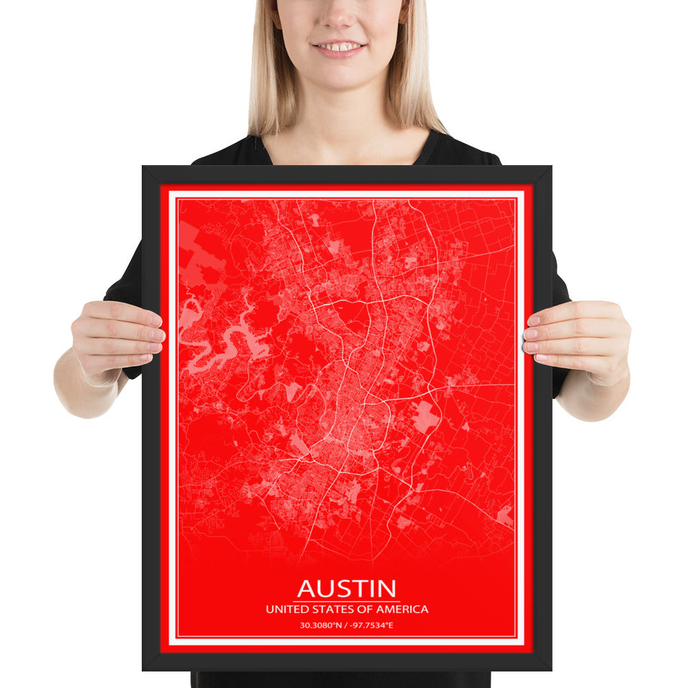 Austin Red and White Framed Map