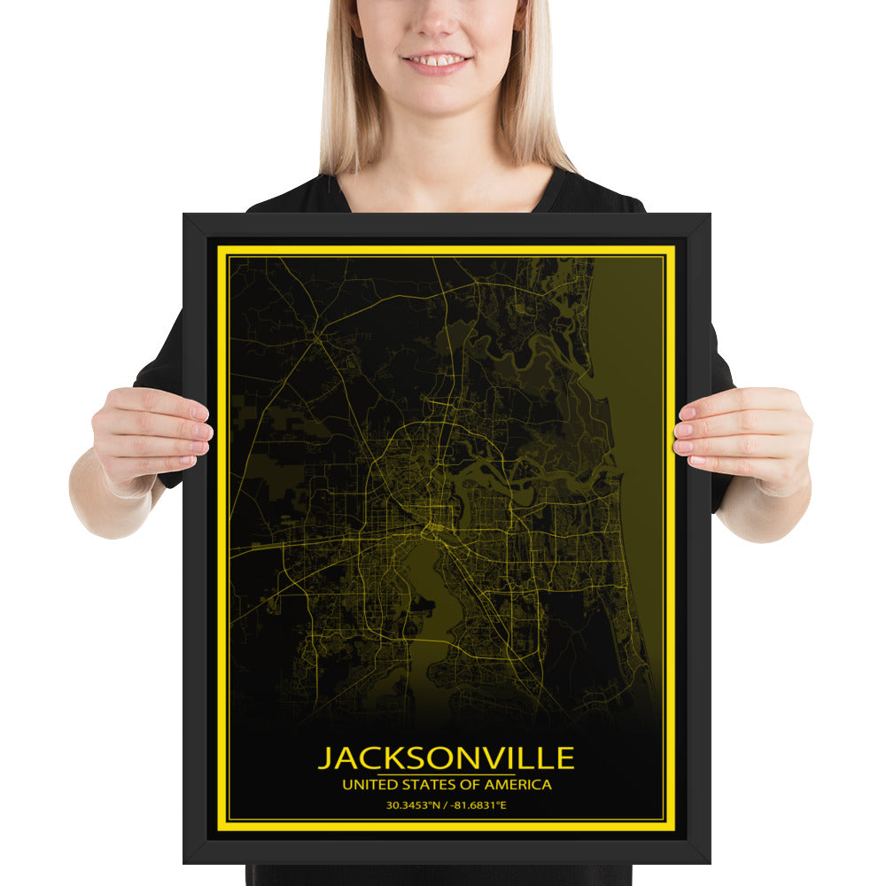 Jacksonville Black and Yellow Framed Map