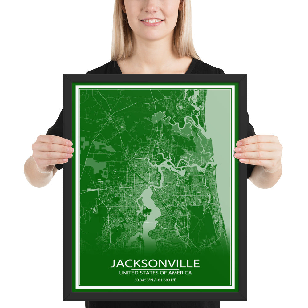 Jacksonville Green and White Framed Map