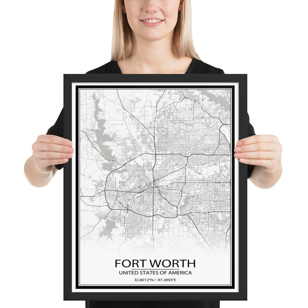 Fort Worth White Framed Map