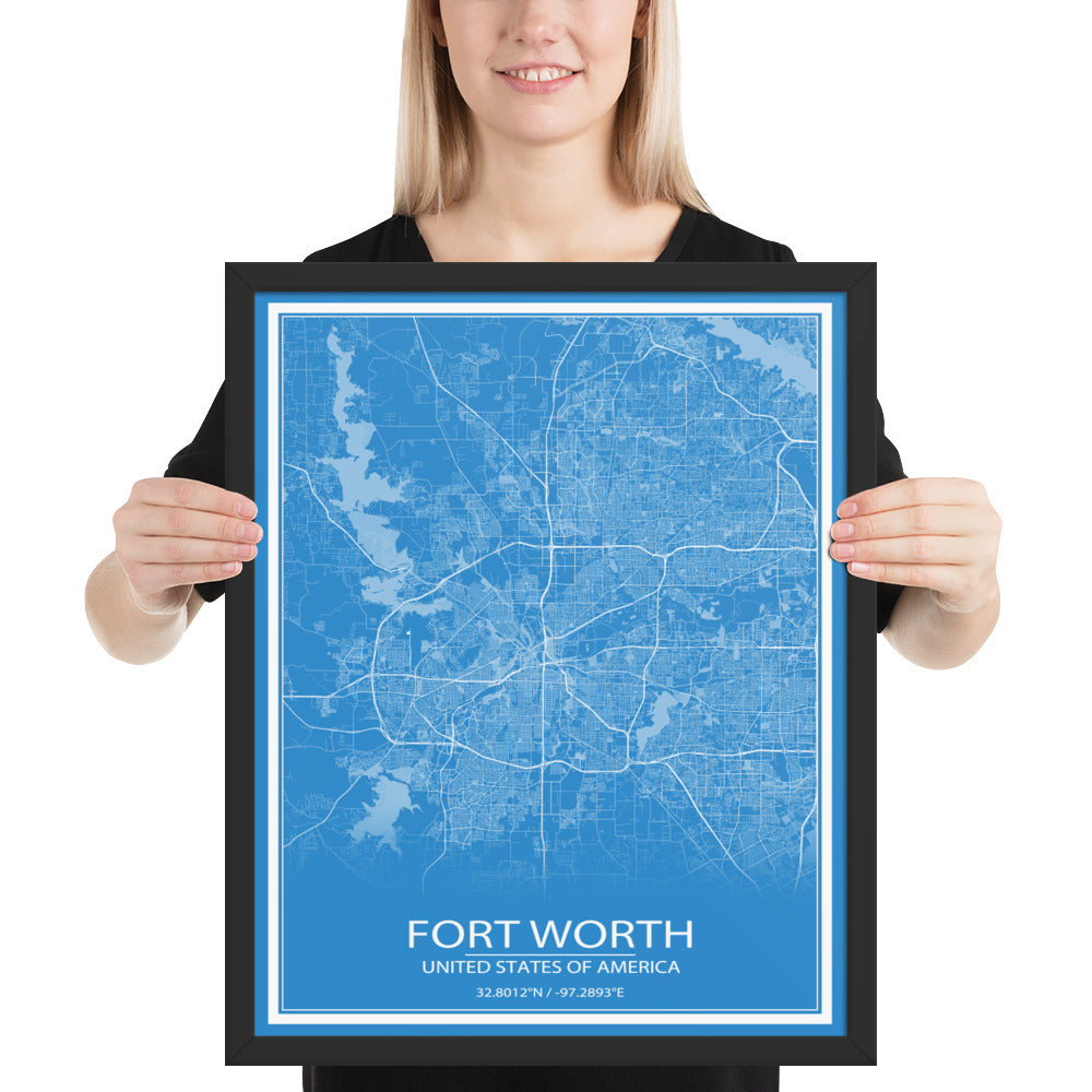 Fort Worth Blue and White Framed Map