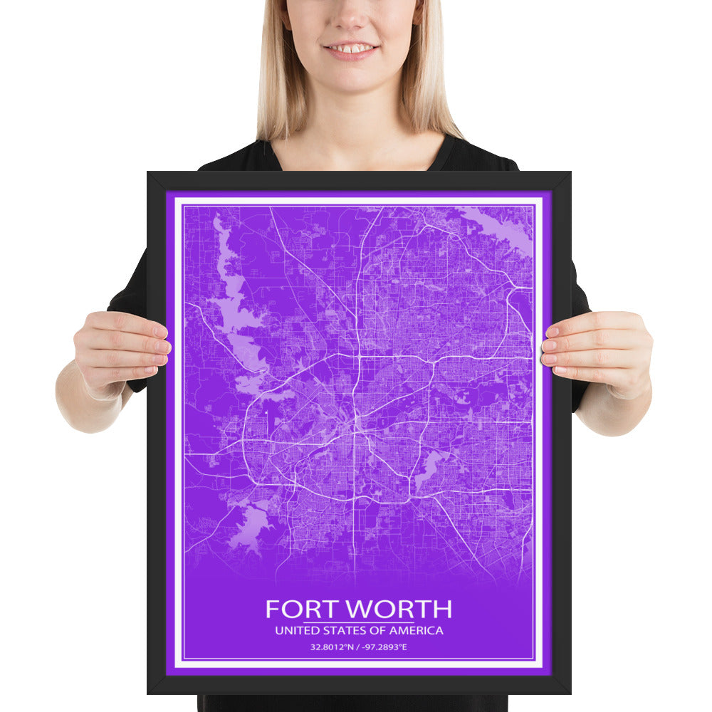 Fort Worth Purple and White Framed Map