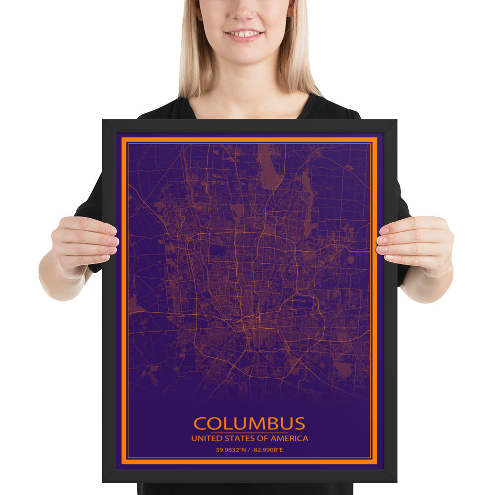 Columbus Purple and Orange Framed Map