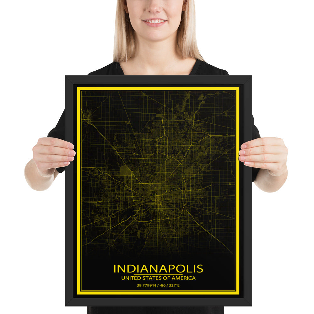 Indianapolis Black and Yellow Framed Map