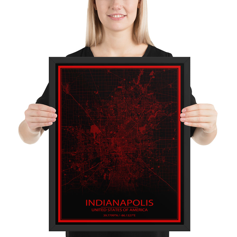 Indianapolis Black and Red Framed Map