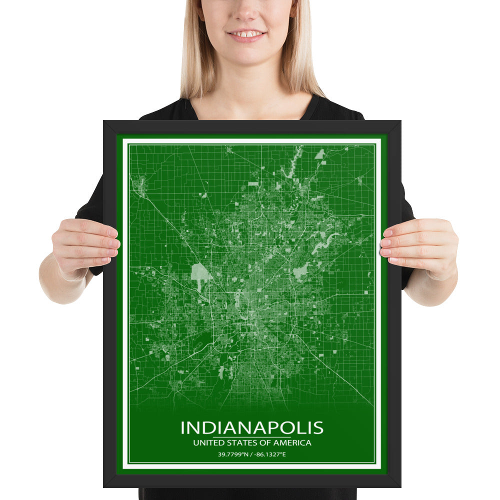 Indianapolis Green and White Framed Map