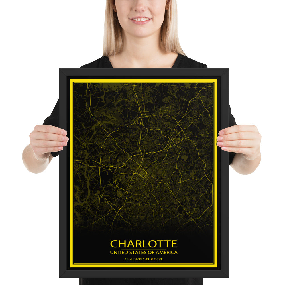 Charlotte Black and Yellow Framed Map