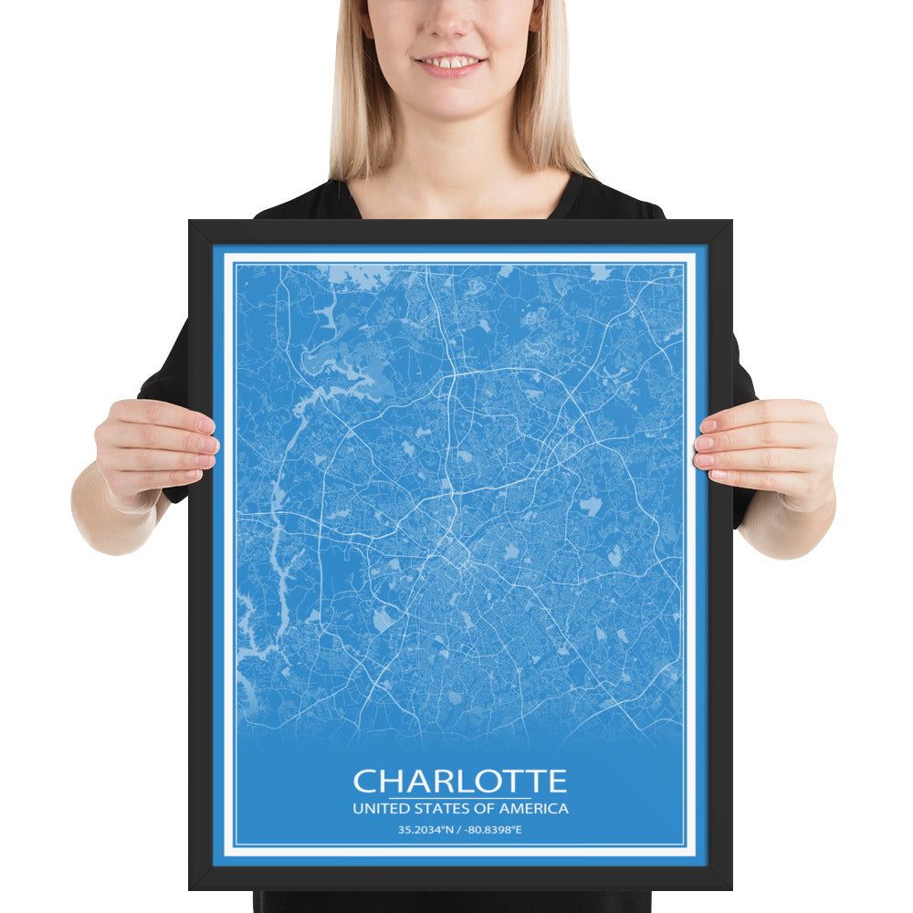 Charlotte Blue and White Framed Map