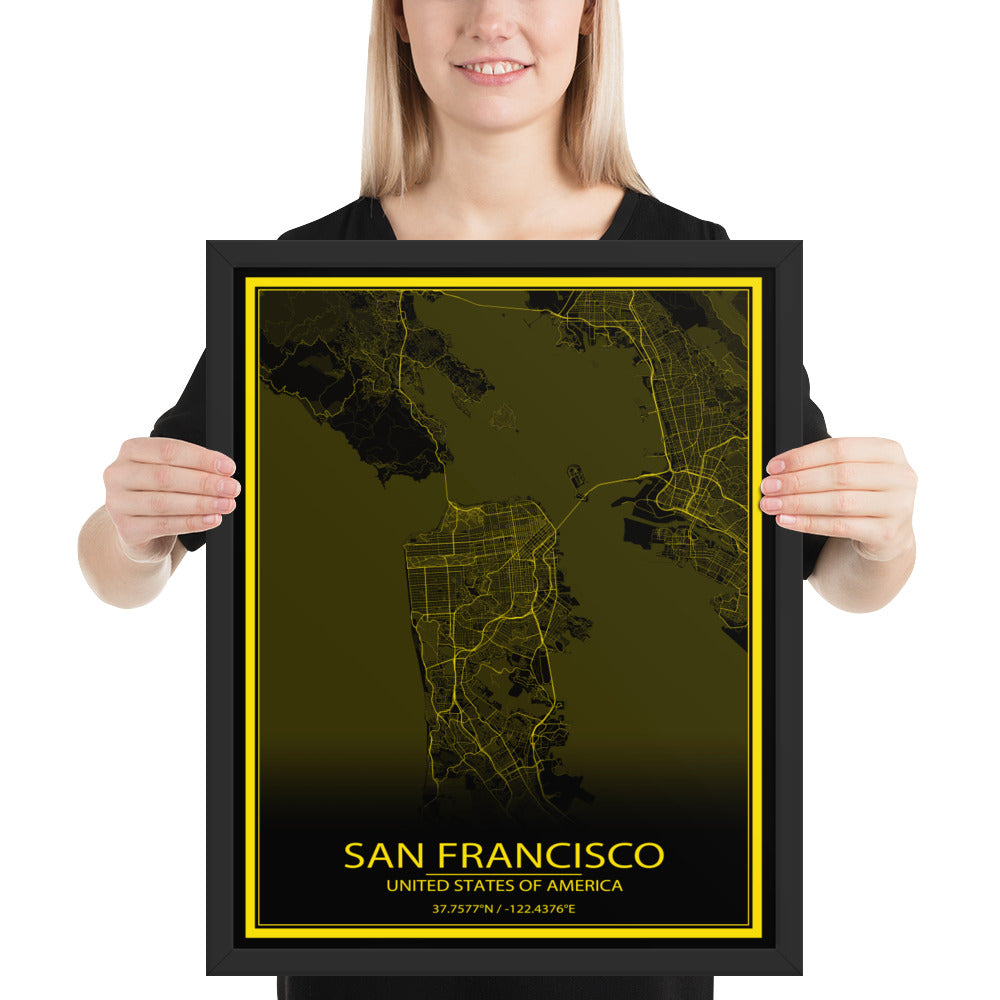 San Francisco Black and Yellow Framed Map