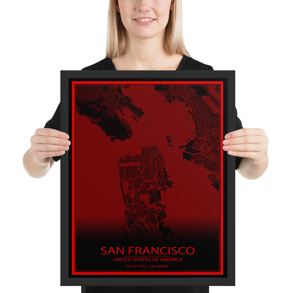 San Francisco Black and Red Framed Map