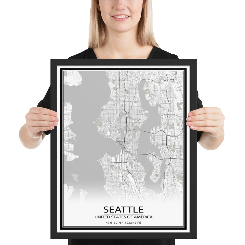 Seattle White Framed Map