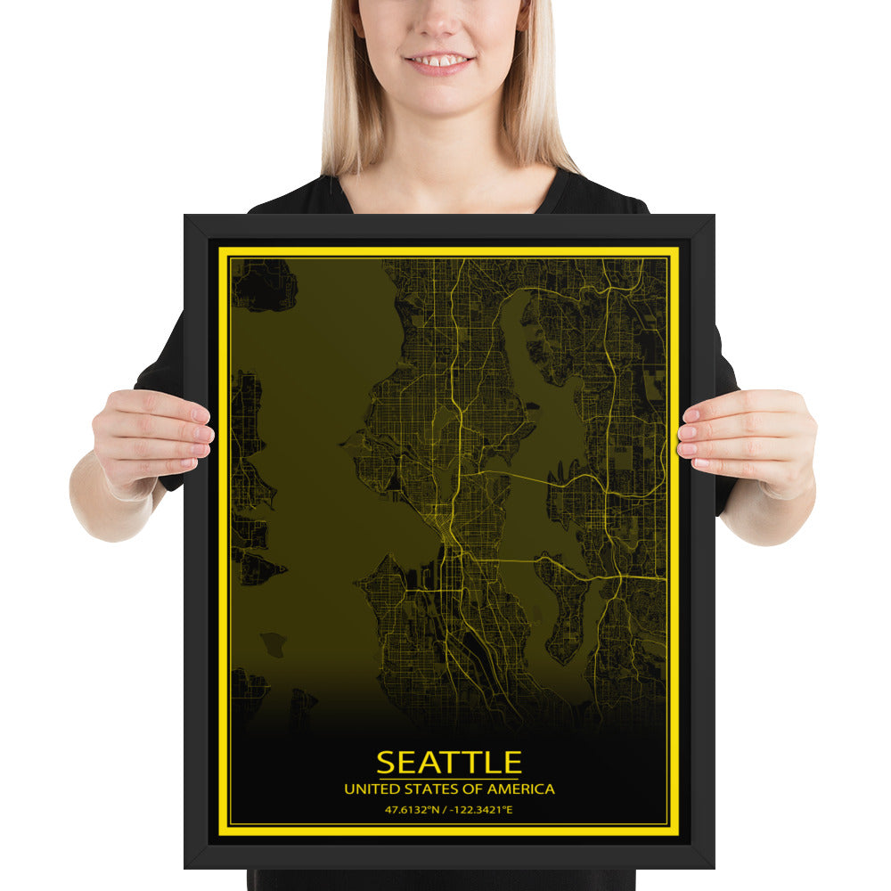 Seattle Black and Yellow Framed Map