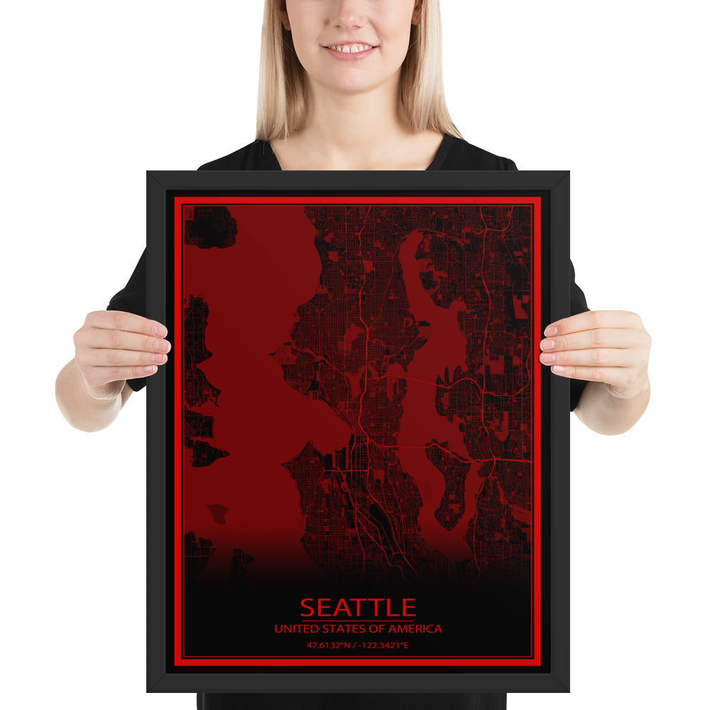 Seattle Black and Red Framed Map