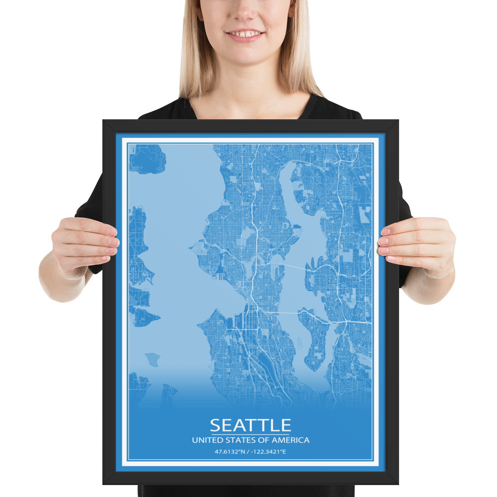 Seattle Blue and White Framed Map