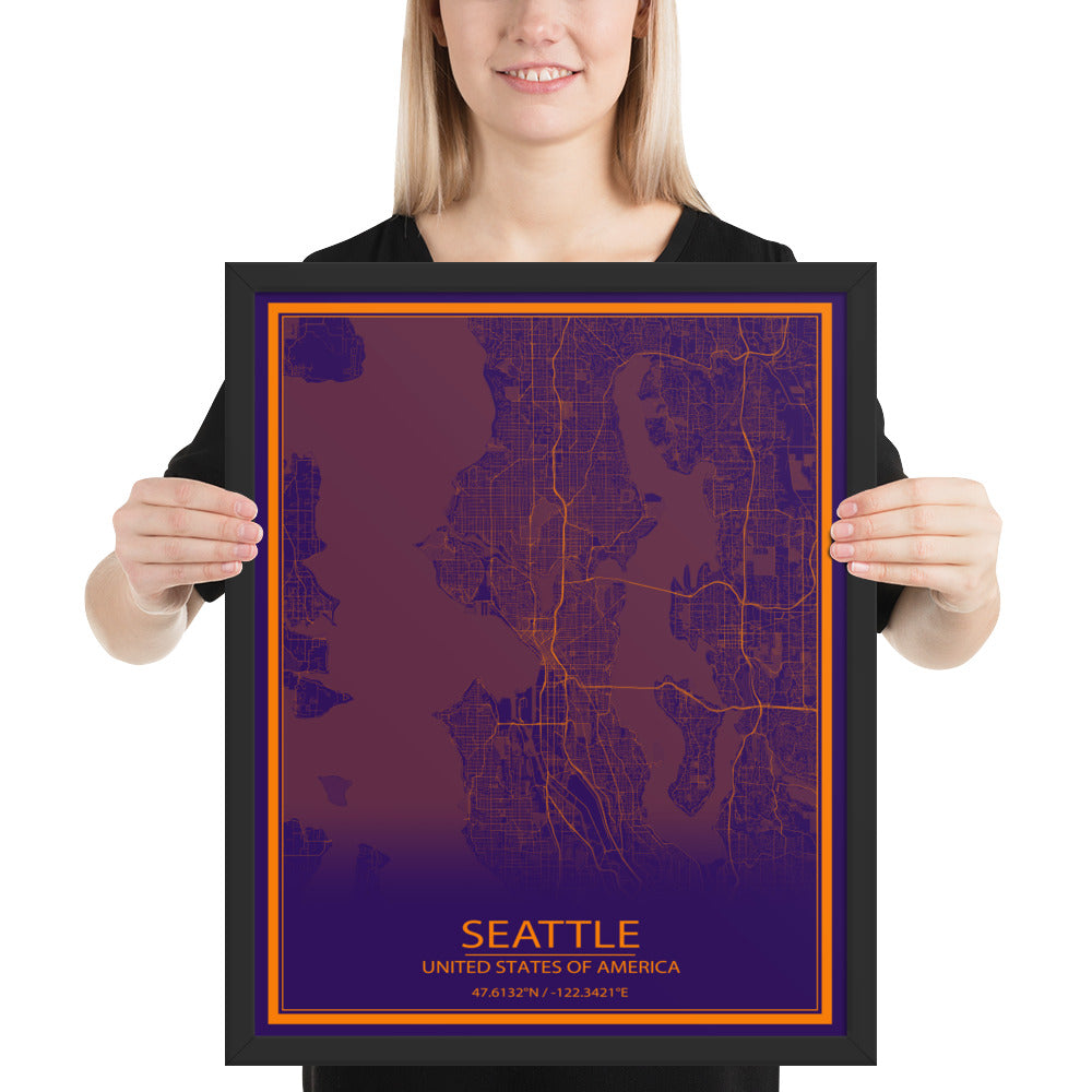 Seattle Purple and Orange Framed Map