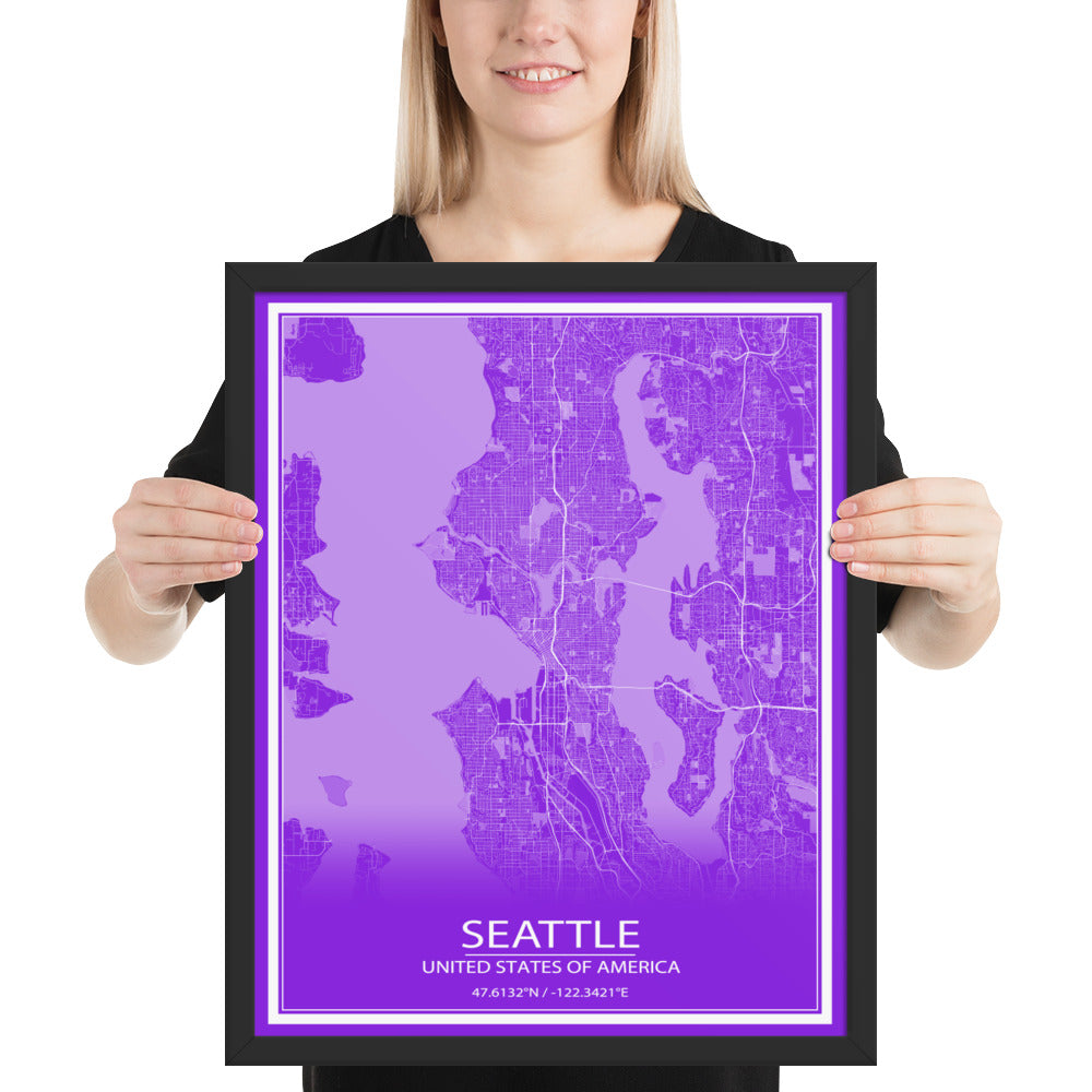 Seattle Purple and White Framed Map