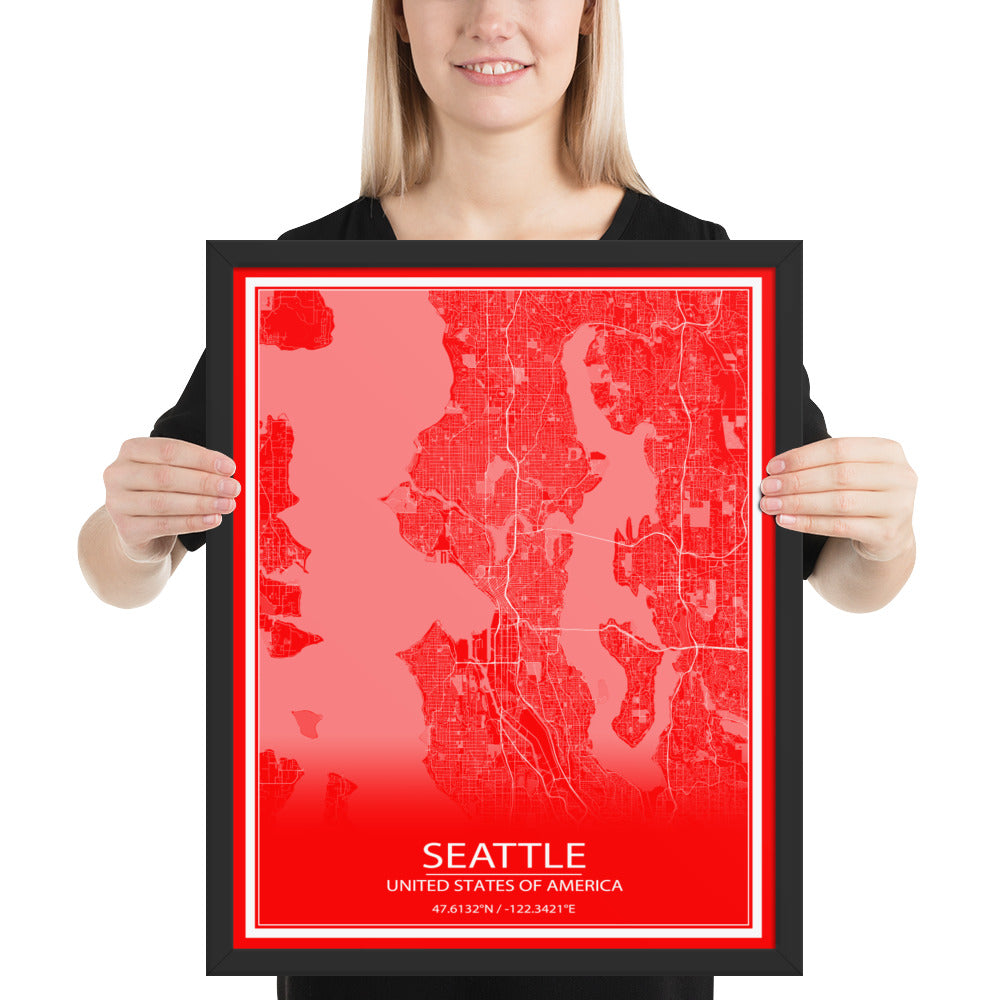 Seattle Red and White Framed Map